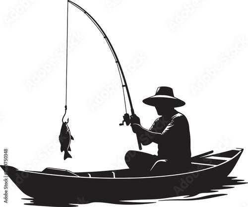 Silhouette of a successful fisherman in a hat holding up a caught fish while sitting in a boat on the water also transparent background