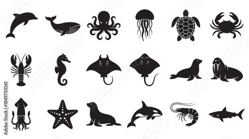 Large set of black sea animal silhouettes featuring a whale, dolphin, octopus, turtle, and shark in a simple graphic icon style for various design projects