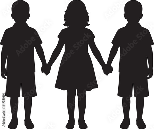 Silhouette of three children, two boys and one girl, holding hands in a line, symbolizing friendship, unity, and childhood innocence also transparent background