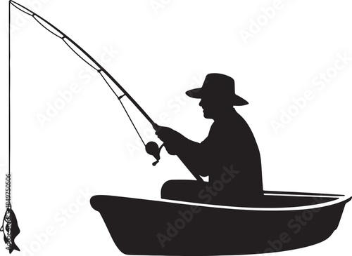 Silhouette of a man fishing from a small boat, casting a line with a fish on the hook, capturing a peaceful moment of outdoor recreation and angling also transparent background
