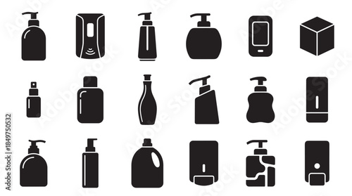 Collection of black soap dispenser icons and cosmetic bottle silhouettes in a minimalist glyph style, showing various packaging for hygiene and personal care products