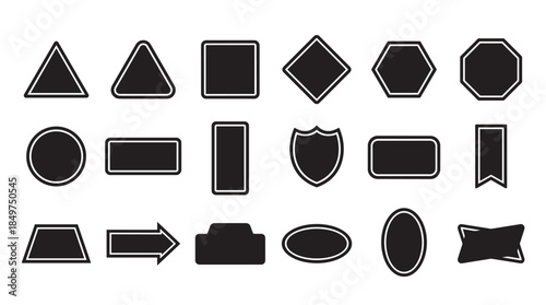 Collection of black geometric and label shapes with white outlines, including triangles, squares, circles, and arrows, presented as a versatile icon set for graphic design elements