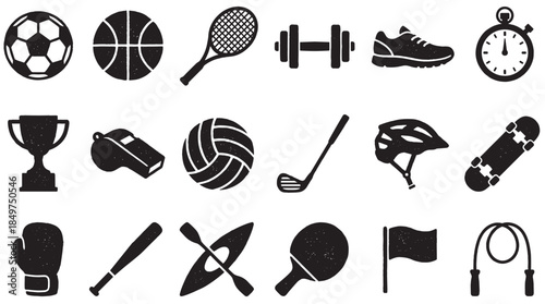 Collection of black sports equipment icons with a distressed, grunge texture, featuring items for various athletic activities like soccer, basketball, boxing, and fitness training