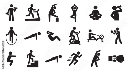 Set of black fitness exercise icons showing people working out, running, stretching, doing yoga, and weightlifting in a simple pictogram style for health and wellness concepts