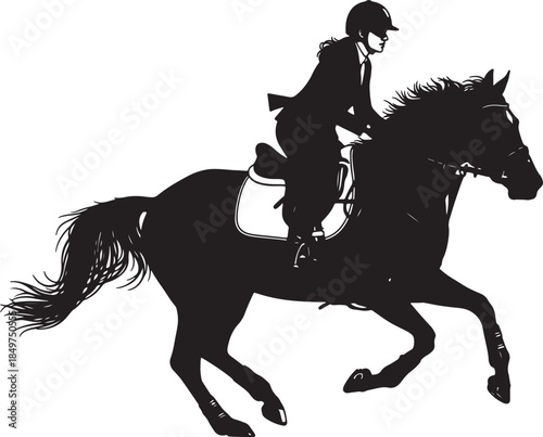Dynamic silhouette of a woman in riding attire on a galloping horse during an equestrian event showcasing speed and grace in a competitive sport also transparent background