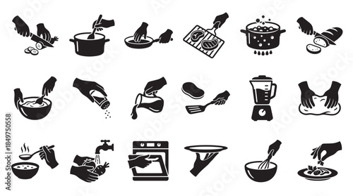 Collection of black food preparation icons showing hands performing various culinary tasks like chopping, stirring, grilling, baking, and serving in a simple silhouette style