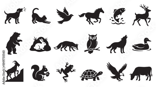 Set of eighteen black animal silhouettes showing wild, farm, and domestic creatures like a dog, cat, bear, wolf, eagle, and horse in various dynamic iconic poses