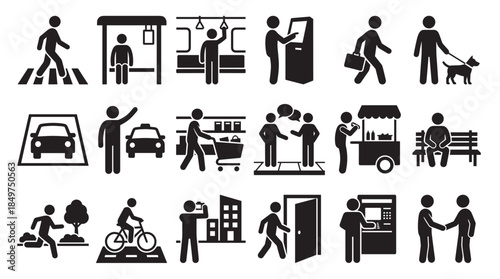 Collection of black pictogram icons showing people in various urban city life situations like commuting, shopping, using an ATM, and public transportation