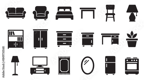 Collection of black furniture and appliance icons representing various household items for interior design, including a sofa, bed, table, and chair in a minimalist glyph style