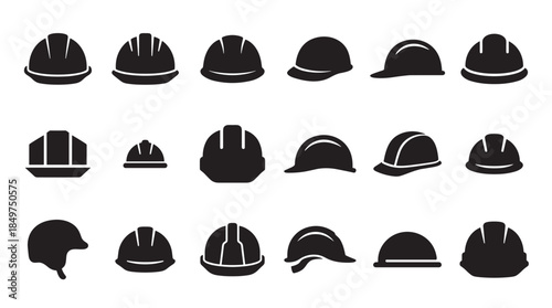 Collection of black hard hat icons in various shapes and styles for construction and industrial safety, presented as a simple vector silhouette set for graphic design elements