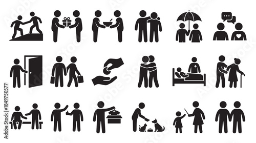 Collection of black pictogram icons showing various acts of kindness, charity, and support, including symbols for helping, donation, empathy, volunteering, and caring for people and animals