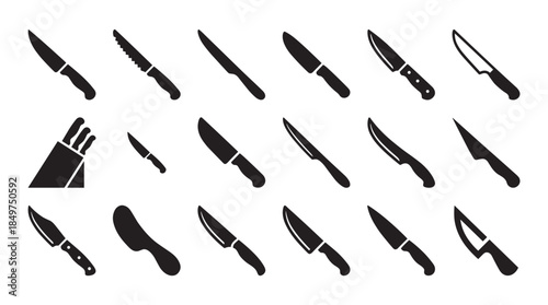 Large collection of black kitchen knife silhouettes showing various types of cutlery like chef, bread, and paring knives in a simple, graphic icon set for cooking themes