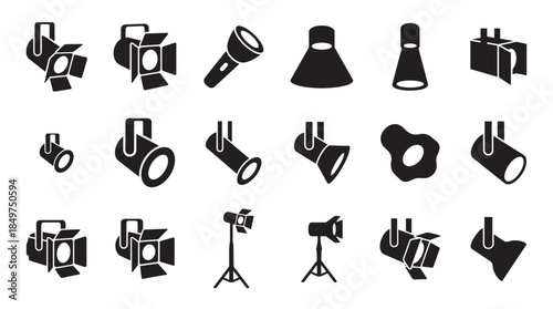 Set of black silhouette stage light icons featuring various spotlights, lamps, and a flashlight representing professional lighting equipment in a minimalist graphic style