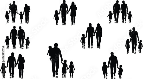 Family group silhouette set, black vector icons, adult and child combinations, diverse household structures, parenting illustration, social bonding design