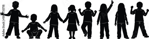 Children silhouette set, black vector illustration, diverse kid poses, standing, squatting, holding hands, playful interaction, childhood design icons