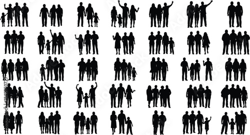 Family silhouette set, black vector icons, diverse group poses, parents and children together, unity illustration, relationship concept, social bonding