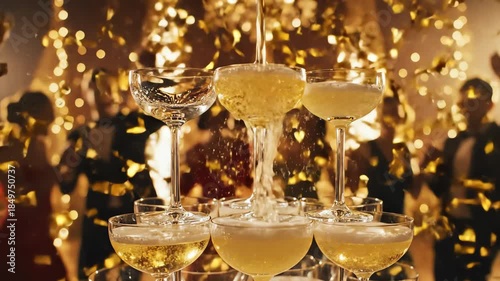 Luxurious 1920s Champagne Tower Pour with Golden Confetti and Bokeh - AI Generated