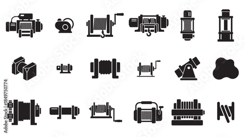 Collection of black winch and hoist icons showing various types of industrial lifting and pulling equipment in a simple glyph style for mechanical and engineering design concepts