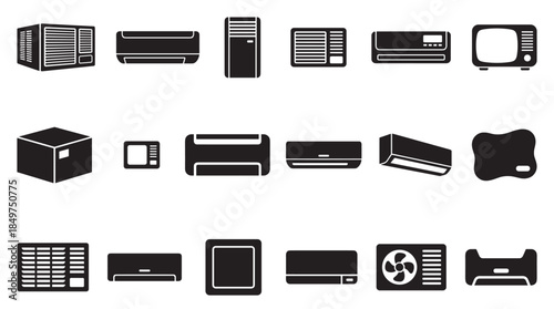 Collection of black silhouette icons representing various household appliances and electronic devices like air conditioners, printers, and televisions in a minimalist glyph style
