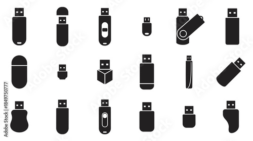 Black USB flash drive icon set featuring a diverse collection of minimalist glyphs and silhouettes representing various portable data storage devices and memory sticks