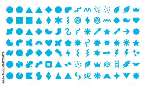 Large collection of diverse blue shapes including geometric figures, abstract forms, and simple icons like stars, hearts, and arrows, presented in a clean, minimalist graphic style