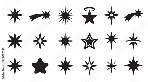 Large collection of black star icons and silhouette shapes in various graphic styles, including shooting stars, starbursts, and nativity symbols for festive or decorative design