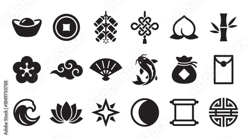 Set of black traditional Asian icons representing good luck, fortune, and prosperity for cultural celebrations, featuring a coin, ingot, mystic knot, and firecracker symbols