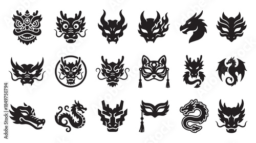 Collection of black dragon head icons, full body silhouettes, and fantasy masks representing various mythological and fantasy creature designs in a graphic stencil style