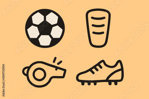 Soccer equipment icons including ball, cleats, and whistle