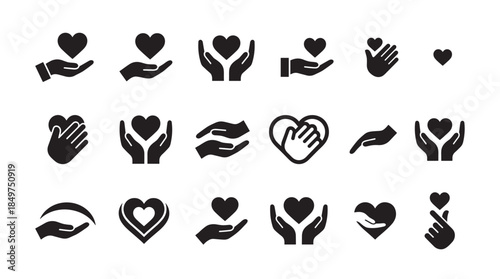 Collection of black heart and hand icons representing love, care, charity, and support, presented as a minimalist flat vector set for various design concepts