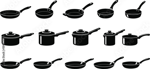 Cookware silhouette set, frying pans, saucepans with lids, black kitchen utensil vector, culinary tools, cooking equipment, kitchenware design