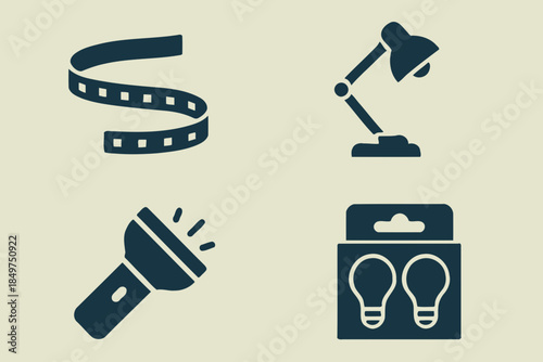 Creative inspiration and ideas with film, lamp, flashlight, and light bulb icons