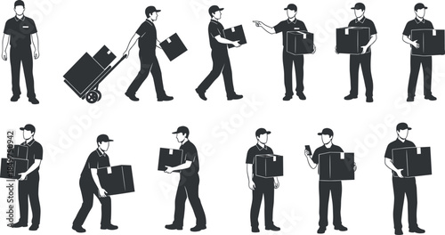Delivery person vector set, package handling poses, courier service illustration, logistics worker actions, black and white uniform, parcel movement scenes