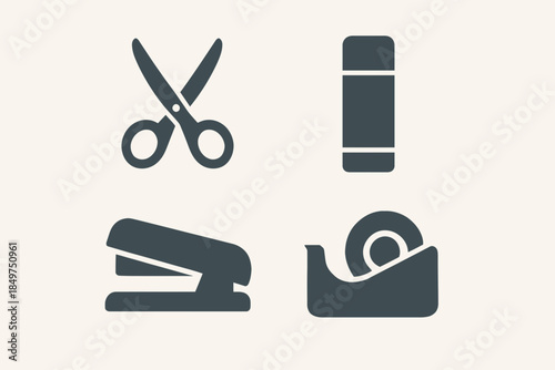 Office supplies icons including scissors, glue stick, stapler, tape