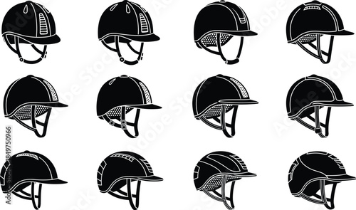 Equestrian helmet collection, horse riding safety gear, black and white illustration, protective headwear, sport accessory, ventilation design, chin strap styles