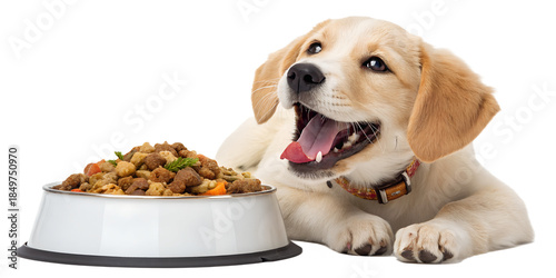 Cute happy dog eating food from a bowl with joy and appetite. Realistic pet lifestyle scene showing daily care, nutrition, and happiness. Isolated on transparent background, high quality PNG.