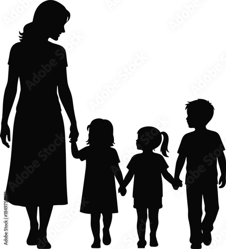 Adult and children holding hands icon set, black silhouette illustration of family, care, and togetherness concept graphic