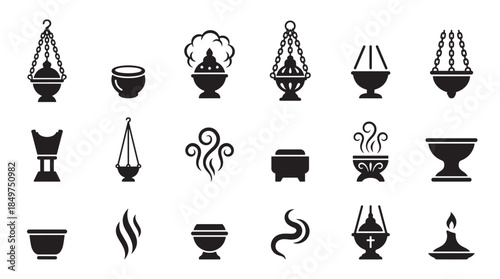 Collection of black silhouette incense burner icons showing various censer designs, smoke swirls, and aromatherapy elements for spiritual and religious concepts in a flat vector graphic style