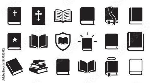 Collection of black book glyph icons featuring open, closed, stacked, and religious symbols like a cross, representing concepts of knowledge, education, and faith