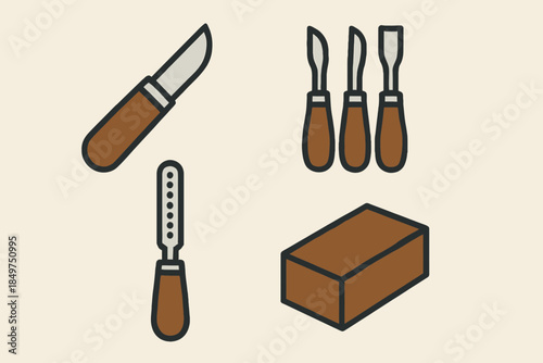 Set of woodcarving tools with block of wood for crafting and design