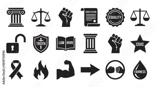 Diverse set of black vector icons representing concepts of justice, law, civil rights, equality, and social activism in a clean, minimalist graphic style