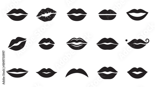 Set of black vector lip icons and a kiss print silhouette, showcasing various mouth expressions like smiles and pouts in a minimalist graphic design collection for beauty concepts