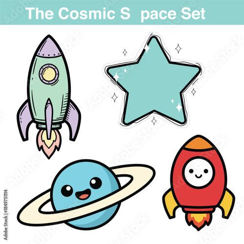 Hand drawn cosmic space sticker set with cute characters