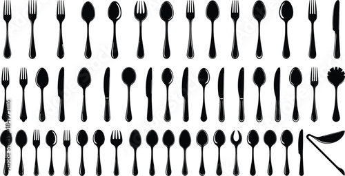 Cutlery silhouettes collection featuring forks spoons knives isolated on white background, minimalist kitchen utensil illustration set for design use