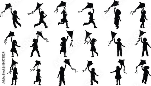 Children flying kites silhouettes collection showing playful running poses isolated on white background, joyful childhood outdoor activity illustration set