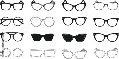 Eyeglasses and sunglasses silhouettes collection with trendy frames isolated on white background, minimalist optical illustration set for fashion design