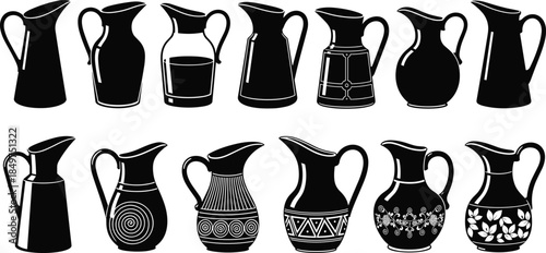 Ceramic jug silhouettes collection, vintage pitcher pottery set, decorative kitchen vessels, black water jug icons isolated on white background