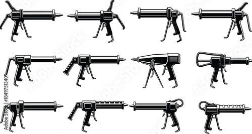 Caulking gun silhouette collection showing sealant adhesive tools, construction equipment icons, black vector illustration set for repair projects