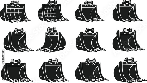 Excavator bucket silhouette icon set, heavy construction machinery shovel symbols, industrial digging equipment vector illustration collection