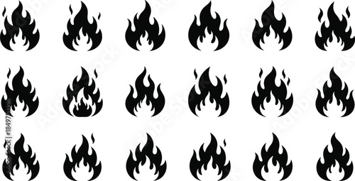 Fire flame silhouette icon set, black white burning symbols, heat energy danger warning vector illustration collection